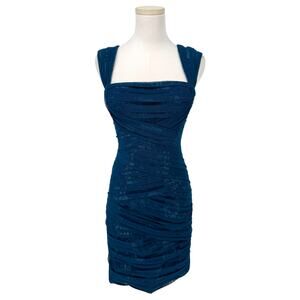 BCBGMaxazria Teal Blue Metallic Micro Mesh Bandage Mini Dress XS Party Cocktail